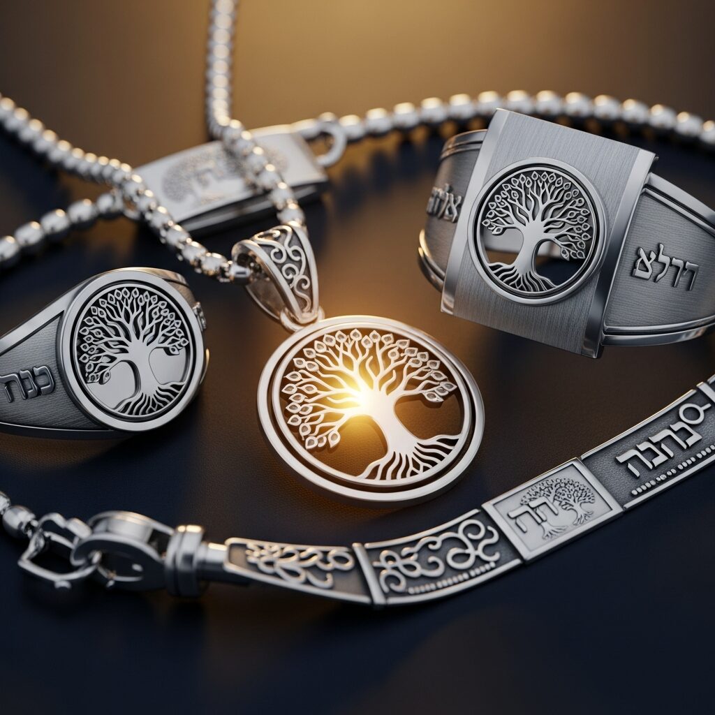arbre de vie juif: symbole d’ancrage, sagesse et renouveau. Découvrez nos bijoux gravés qui racontent l’histoire juive avec élégance — collier, bague ou bracelet en argent ou métal noble. Un talisman lumineux, conçu pour rappeler équilibre, héritage et énergie intérieure.